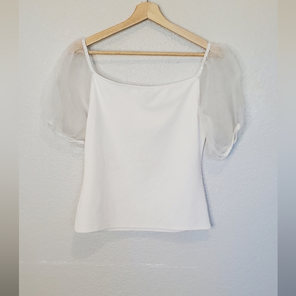 💚5/$25 Express White Chiffon Puff Sleeve Sweetheart Stretch Top Sixe Medium - Picture 3 of 5